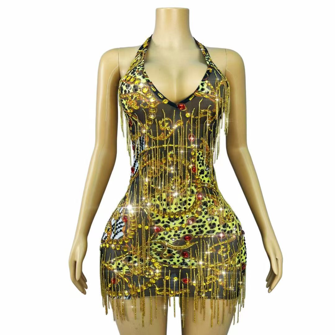 Sparkly Rhinestone Club Party Dress - Glinsterende Gouden Strass Kettingen Bodycon Mini