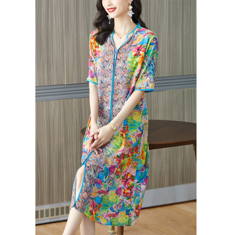 French Vintage Floral Midi Dress - 2024 Nieuwe Roze Bloemen Mulberry Zijde
