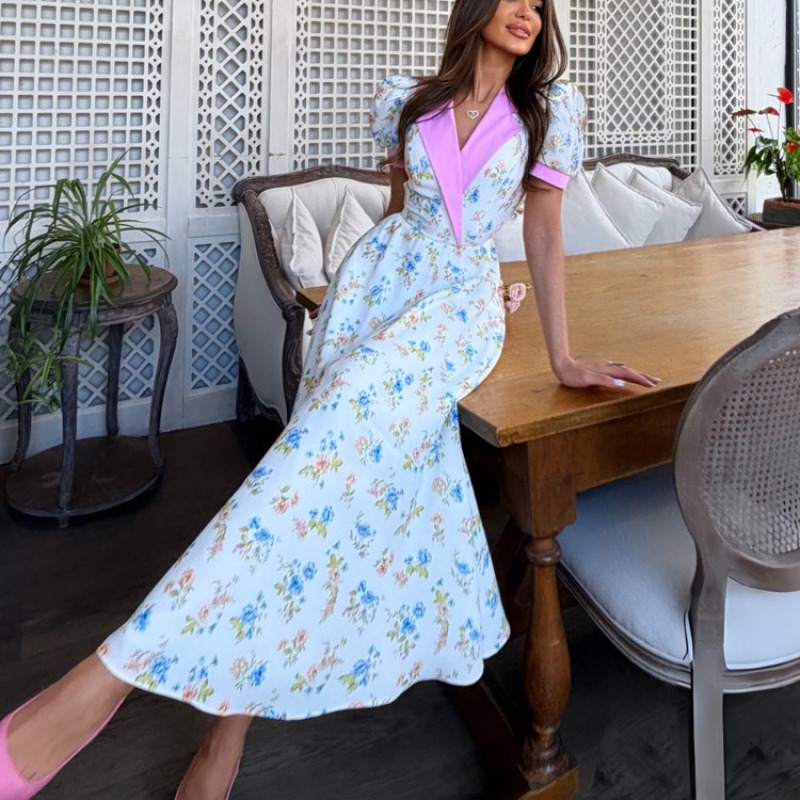 French Vintage Floral Midi Dress - Elegante zomerjurk met bloemenprint, corset, midi-lengte,
