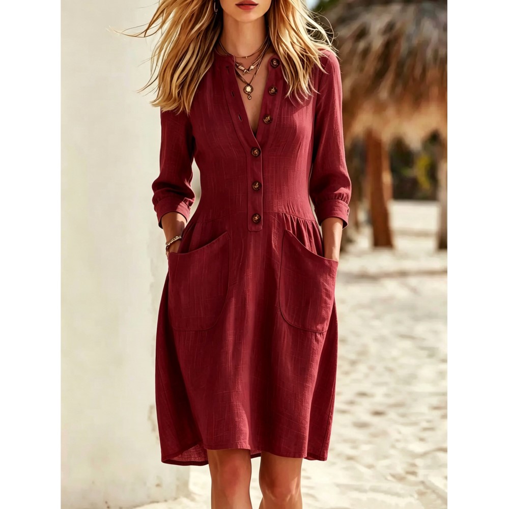Mode Imitatie Knopen Linnen V- - Casual Loose Linen Shirt Dress recensie en prijs